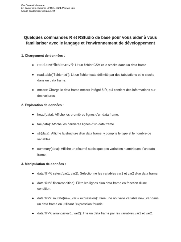 Commandes R pour étudiants L3 DGL 2024 | PDF | Analyse de régression ...