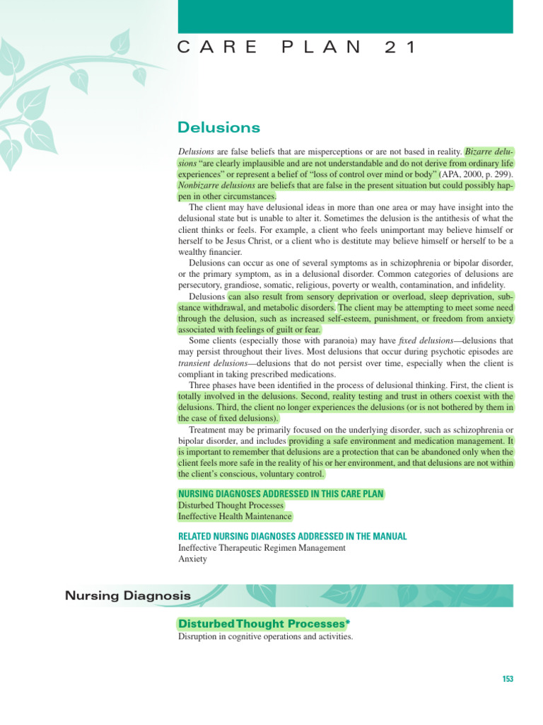 Nursing Care Plan for Delusions | PDF | Delusion | Schizophrenia