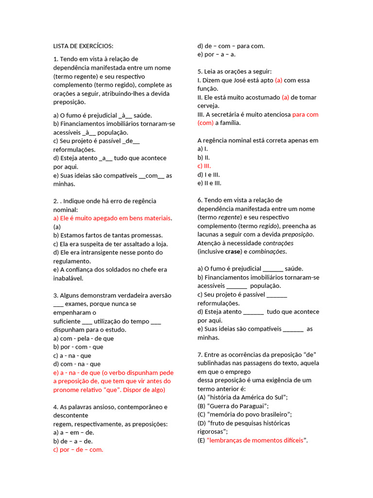 Exercícios de Regência Nominal com Gabarito | PDF | Preposição e ...