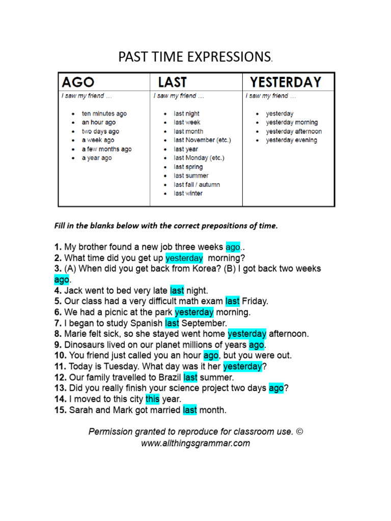 Past Time Expressions Practice Worksheet | PDF | Science & Mathematics
