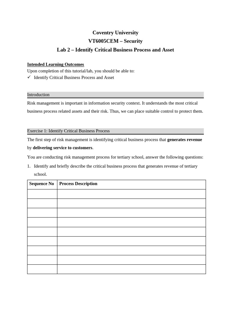 Lab 2 - Identify Critical Business Process and Asset | PDF