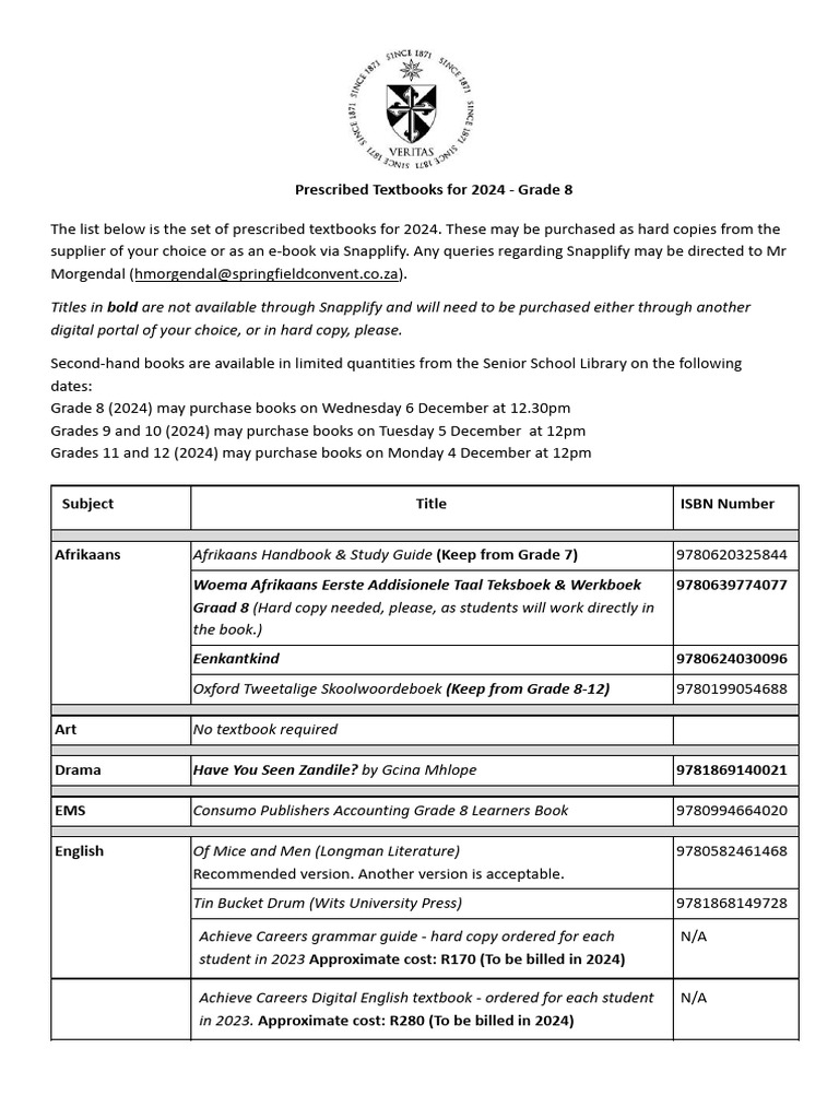 2024 Grade 8 Prescribed Textbooks | PDF | Books | Book Publishing