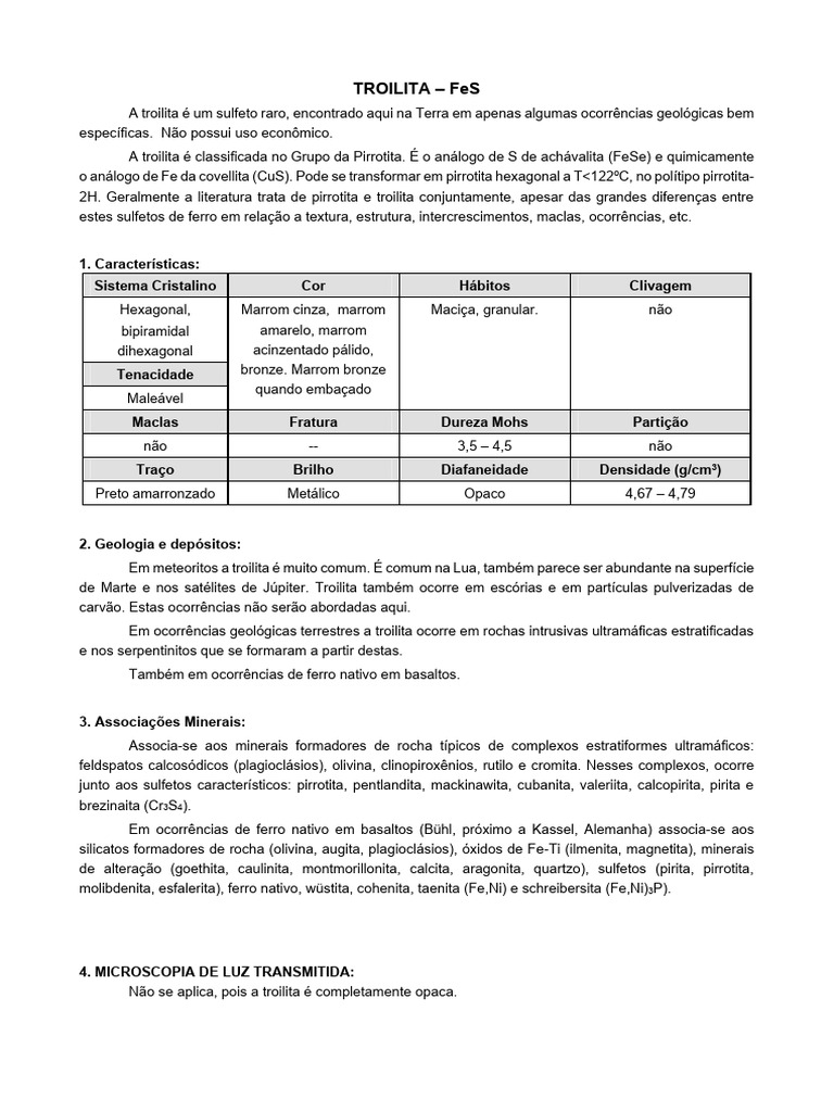 Características da Troilita (FeS) | PDF | Minerais | Classificação de ...