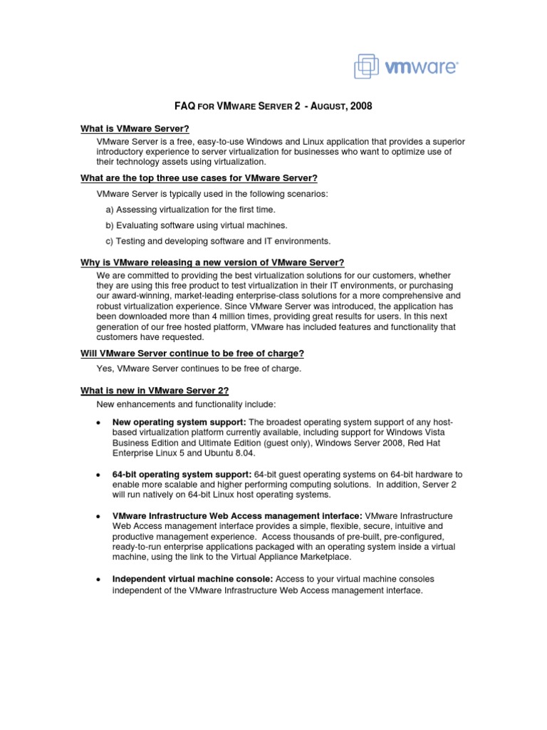 VMware Server 2 FAQ and Features Guide | PDF | V Mware | Operating System