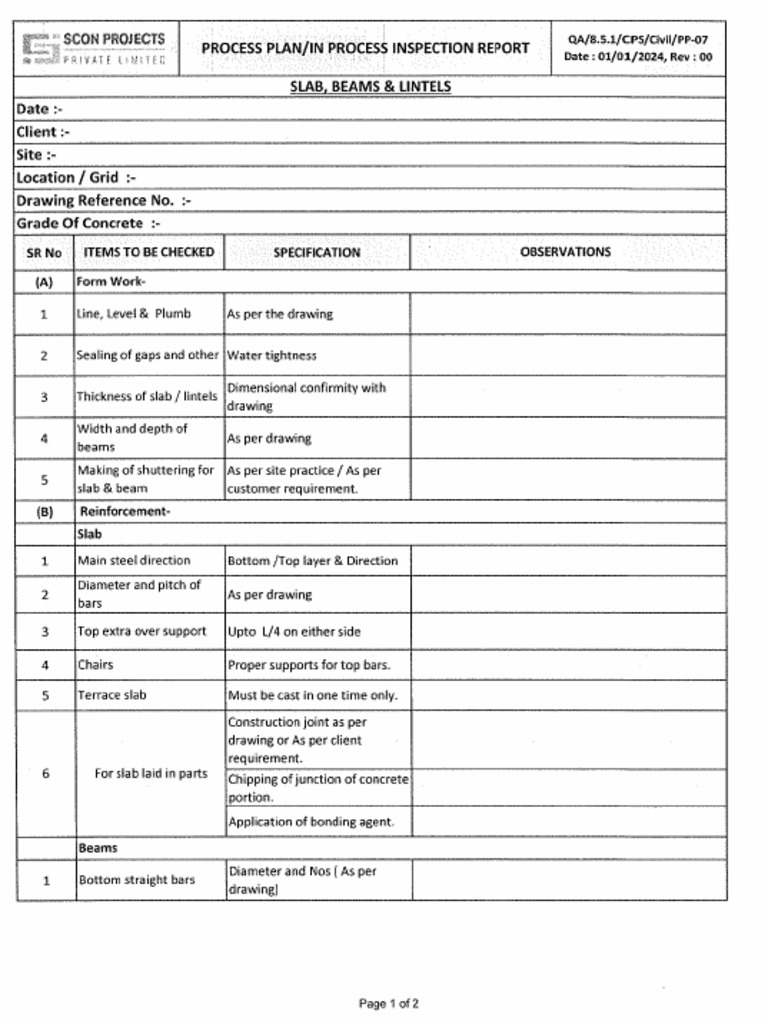 PP-07 - Civil Checklist - Slab, Beam & Lintels | PDF
