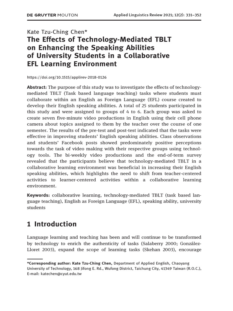 The Effects Of Technology Mediated Tblt On Enhancing The Speaking