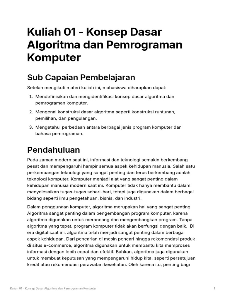Kuliah 01 - Konsep Dasar Algoritma Dan Pemrograman Komputer | PDF ...