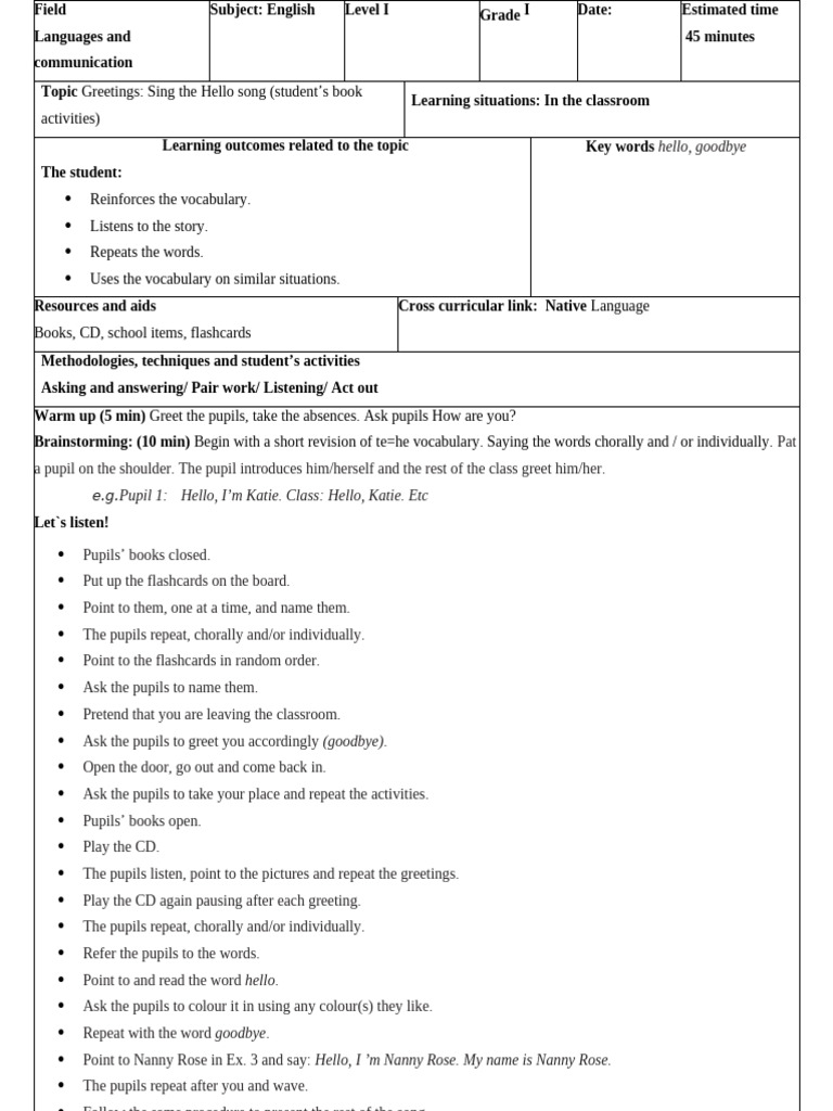 Grade 1 English Greetings Lesson Plan | PDF | Vocabulary | Cognition