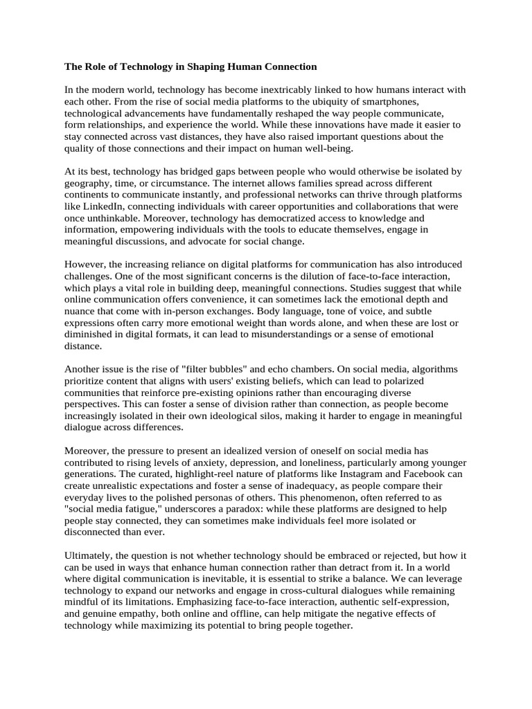 The Role of Technology in Shaping Human Connection | PDF | Social Media ...