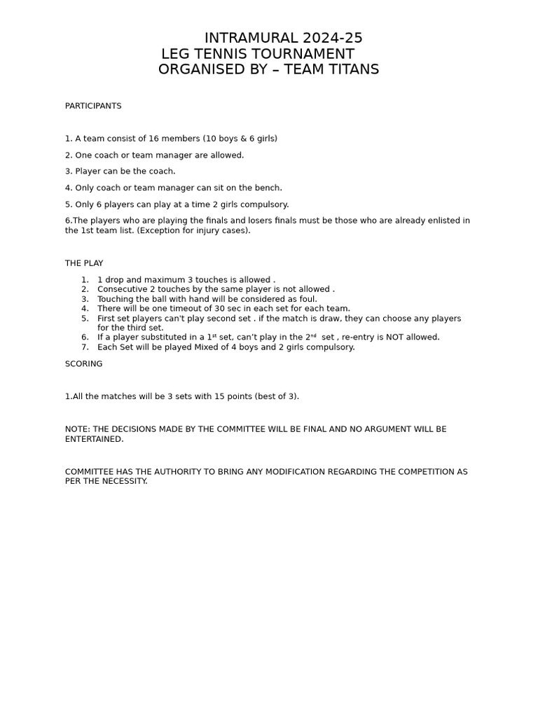 2024-25 Intramural Leg Tennis Rules | PDF