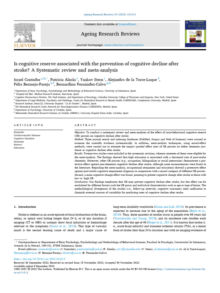 ARR Cognitive Reserve Stroke | PDF | Stroke | Dementia