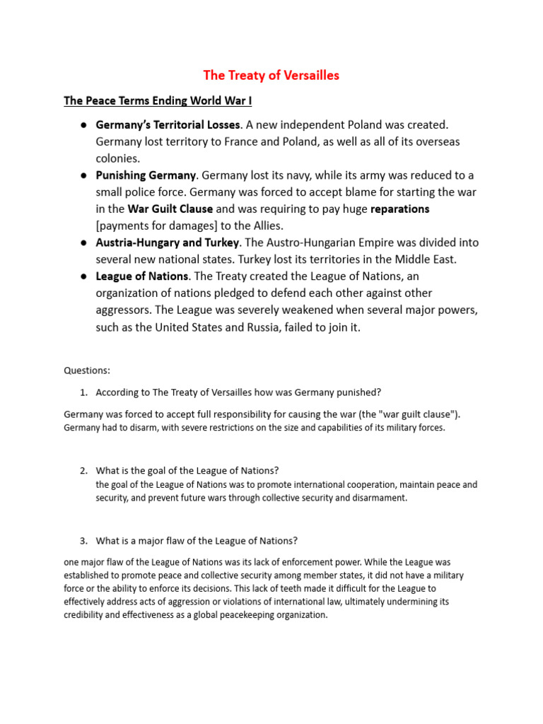 Wilson's 14 Points vs. Treaty of Versailles | PDF | League Of Nations ...