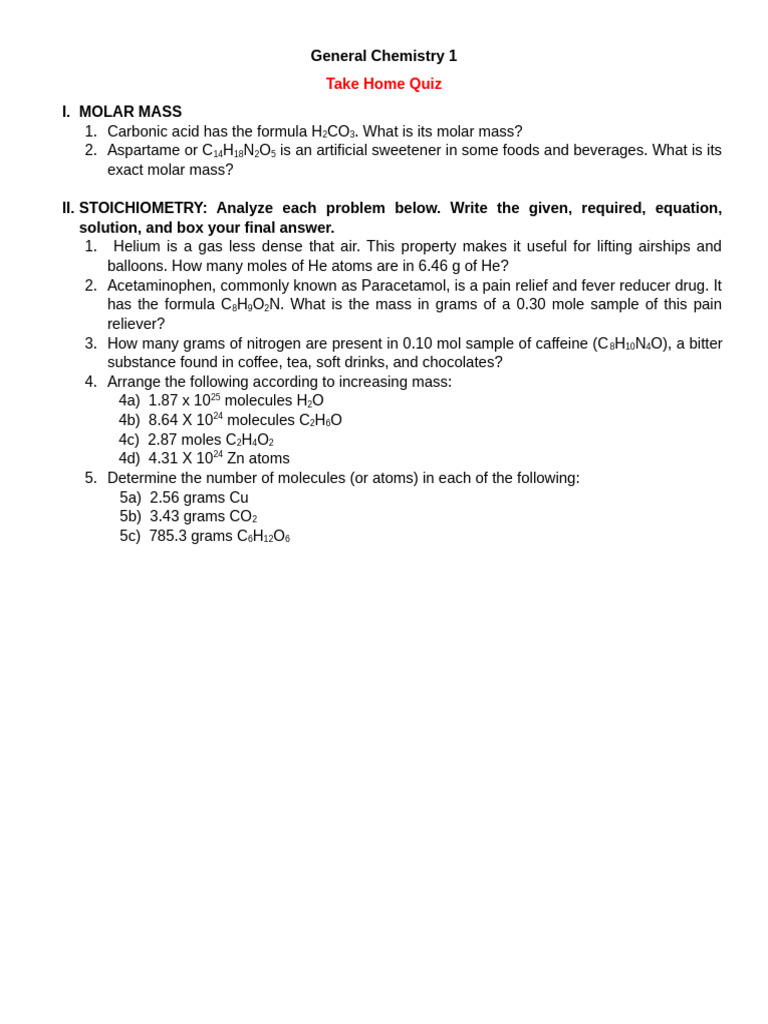 General Chemistry Molar Mass Quiz | PDF | Science & Mathematics
