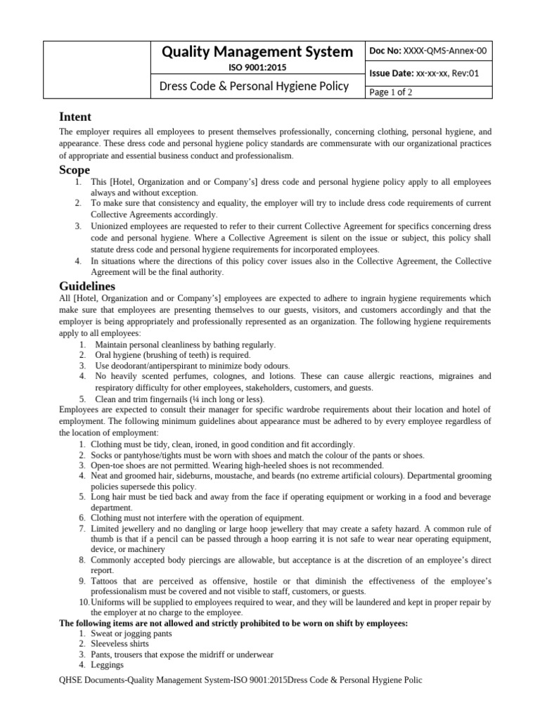 Dress Code & Hygiene Policy Overview | PDF | Hygiene | Trousers