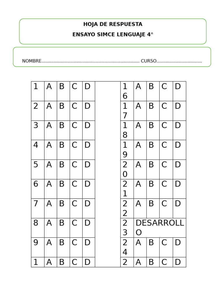 HOJA RESPUESTA SIMCE 4° Lenguaje | PDF