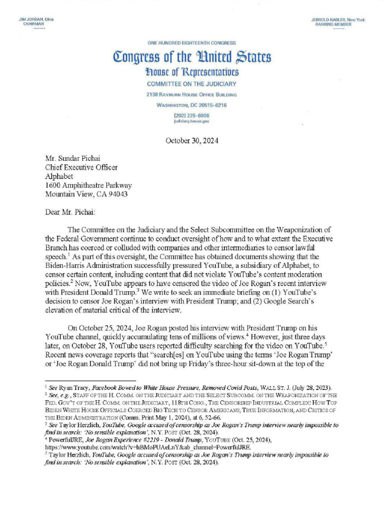 10-31-2024 - House Judiciary Trump Rogan Interview Censorship Letter To ...