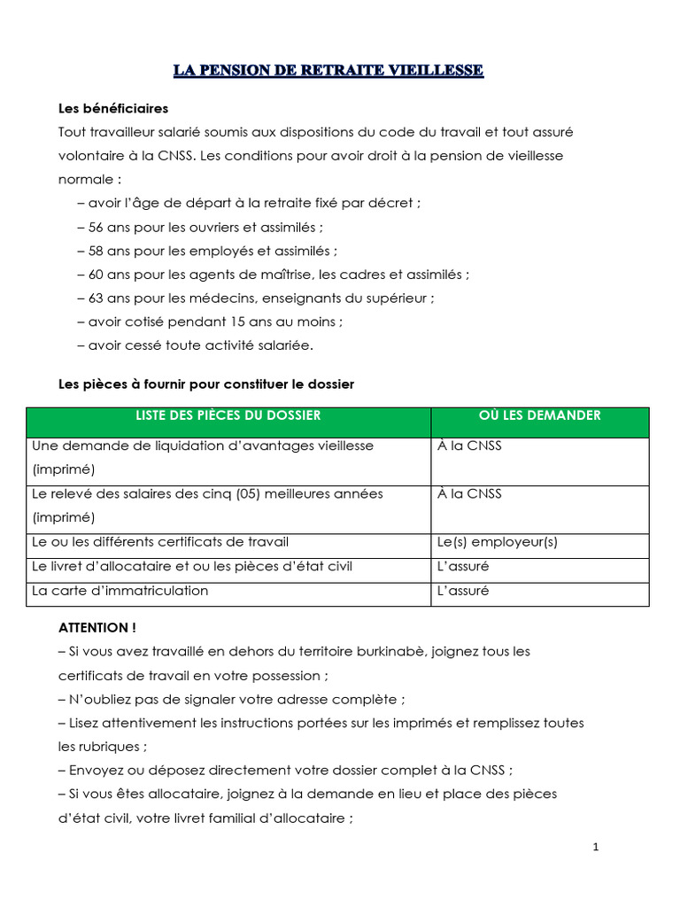 Dossier de Pension à la CNSS Burkina Faso | PDF | Retraite | Salaires
