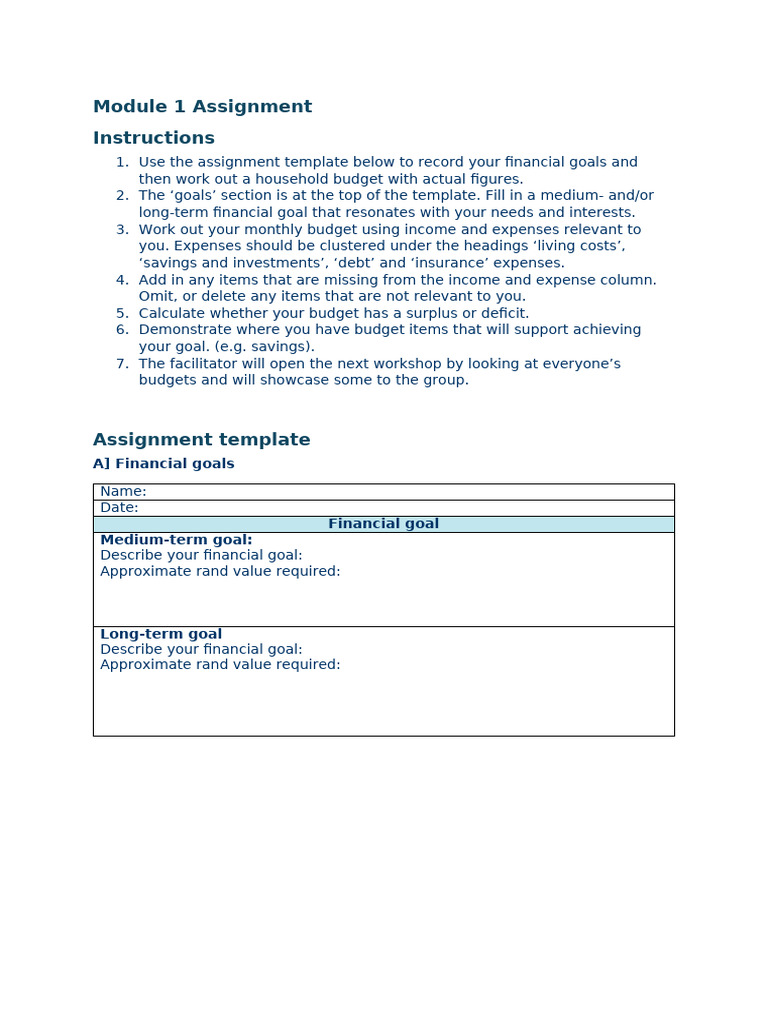 Financial Goals and Budget Template | PDF | Cost Of Living | Government ...