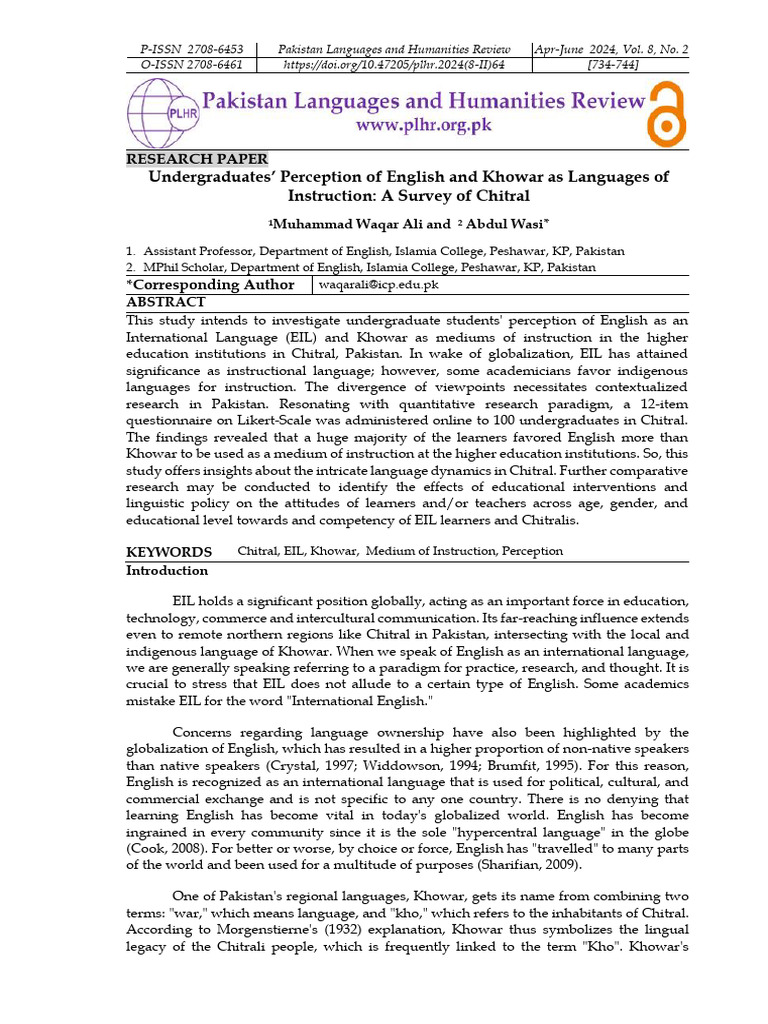 2024-04-01-Undergraduates' Perception of English and Khowar | PDF ...