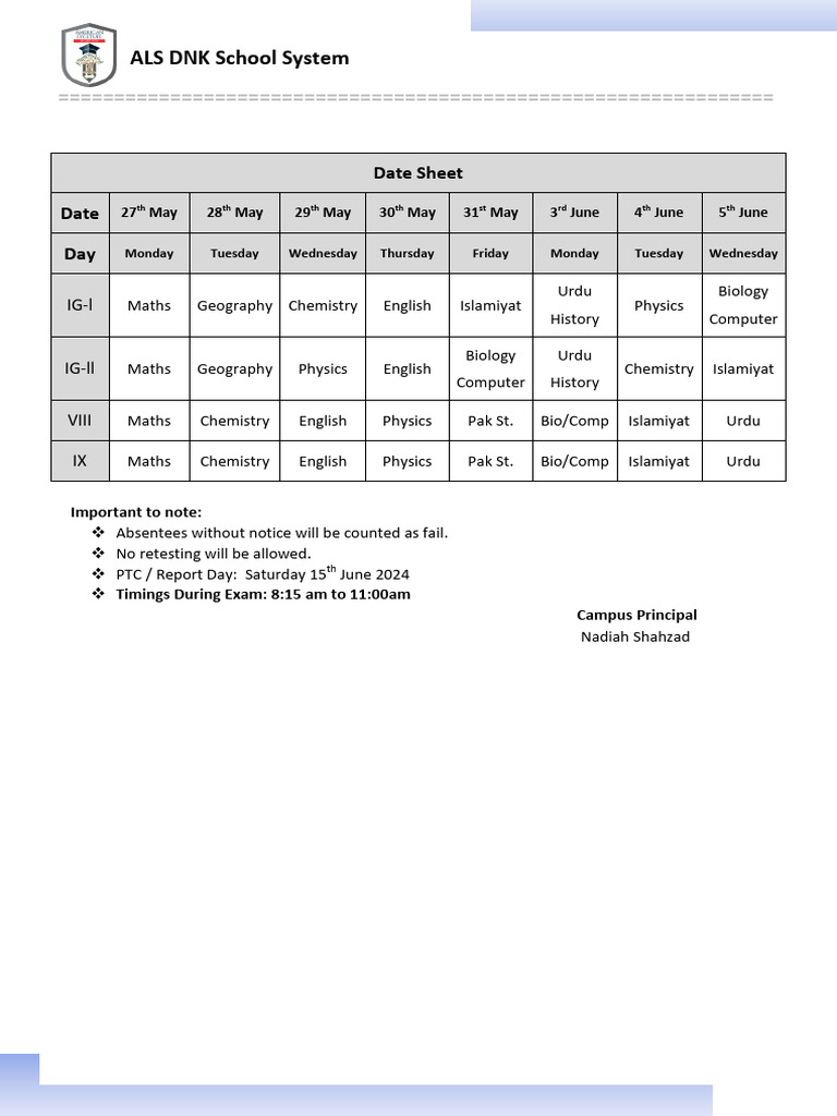 Matric igcse first term date sheet pdf