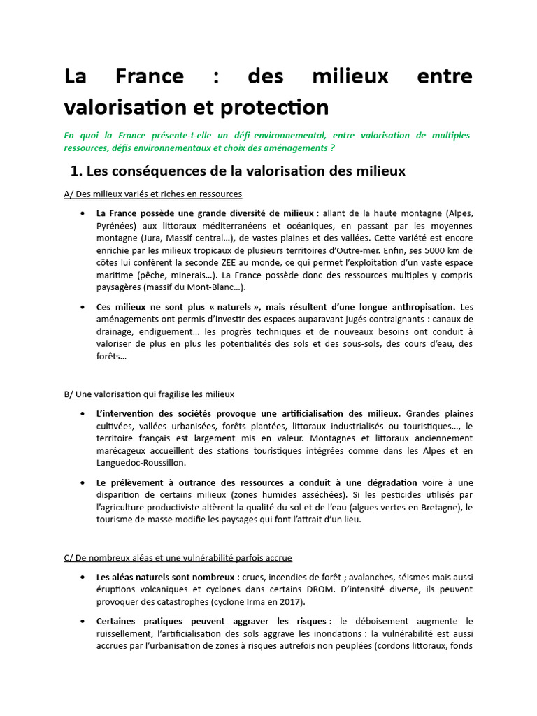 La France Des Milieux Entre Valorisation Et Protection 2 | PDF