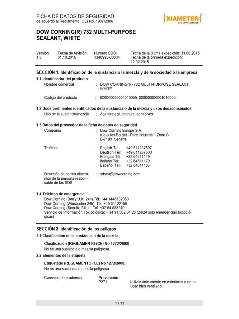 Dow Corning 732 MSDS Overview | PDF | Computers | Technology & Engineering