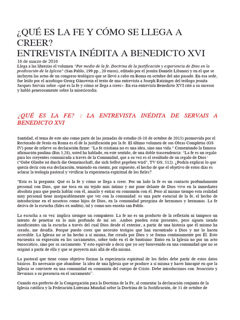 Entrevista A Benedicto XVI Citada en Ejerc Frat CL 2016 ¿QUÉ ES LA FE Y ...