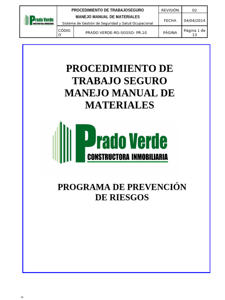 OK PR.10.- PROCED. MANEJO MANUAL DE MATERIALES | PDF | Seguridad y ...