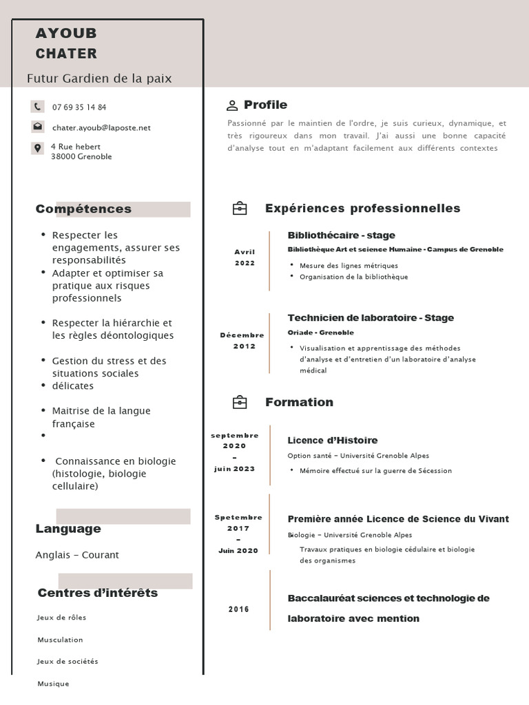 CV d'Ayoub Chater, Futur Gardien de la Paix | PDF