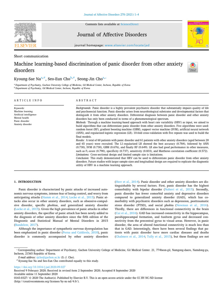 Machine Learning-Based Discrimination of Panic Disorder From Other ...