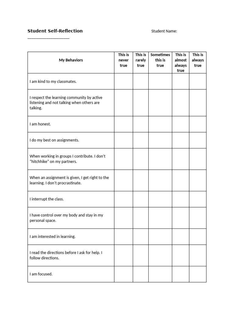Student Self Reflection Pdf