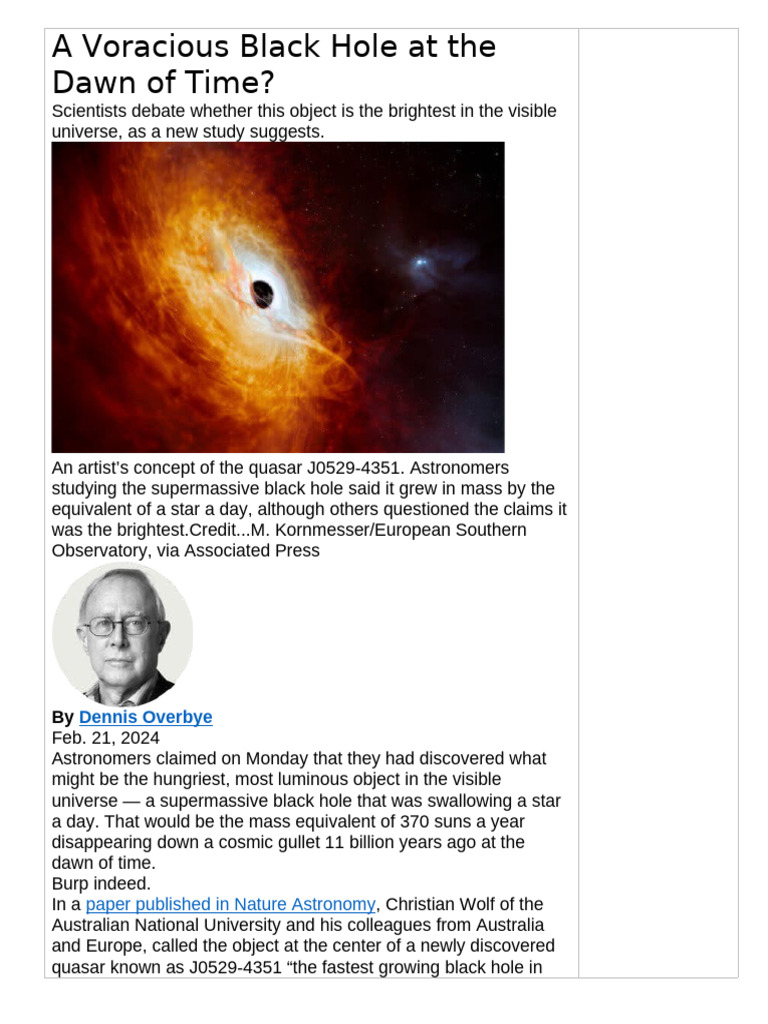 A Voracious Black Hole at The Dawn of Time | PDF | Quasar | Black Hole