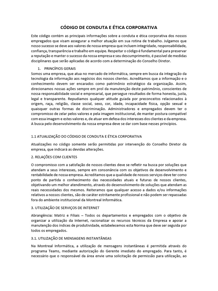 Código de Conduta e Ética Corporativa | PDF | Ética de negócios | Internet