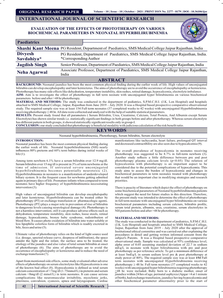Evaluation of The Effects of Phototherapy On Various Biochemical