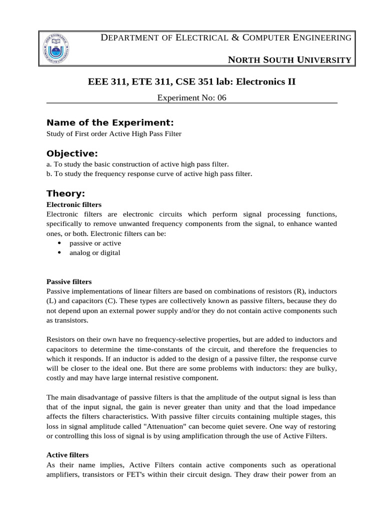 Active High Pass Filter Experiment | PDF | Electronic Filter | Amplifier