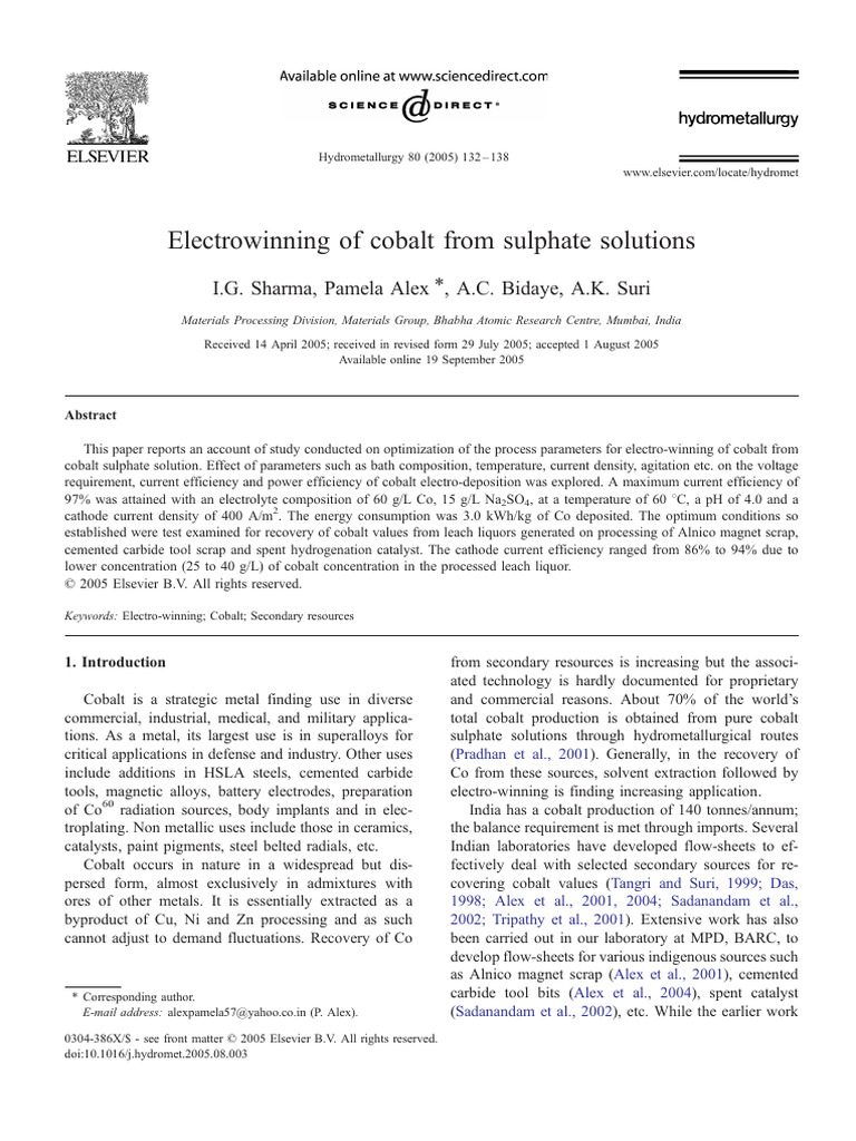 Cobalt Electrowinning Optimization Study | PDF | Electrolyte | Ph