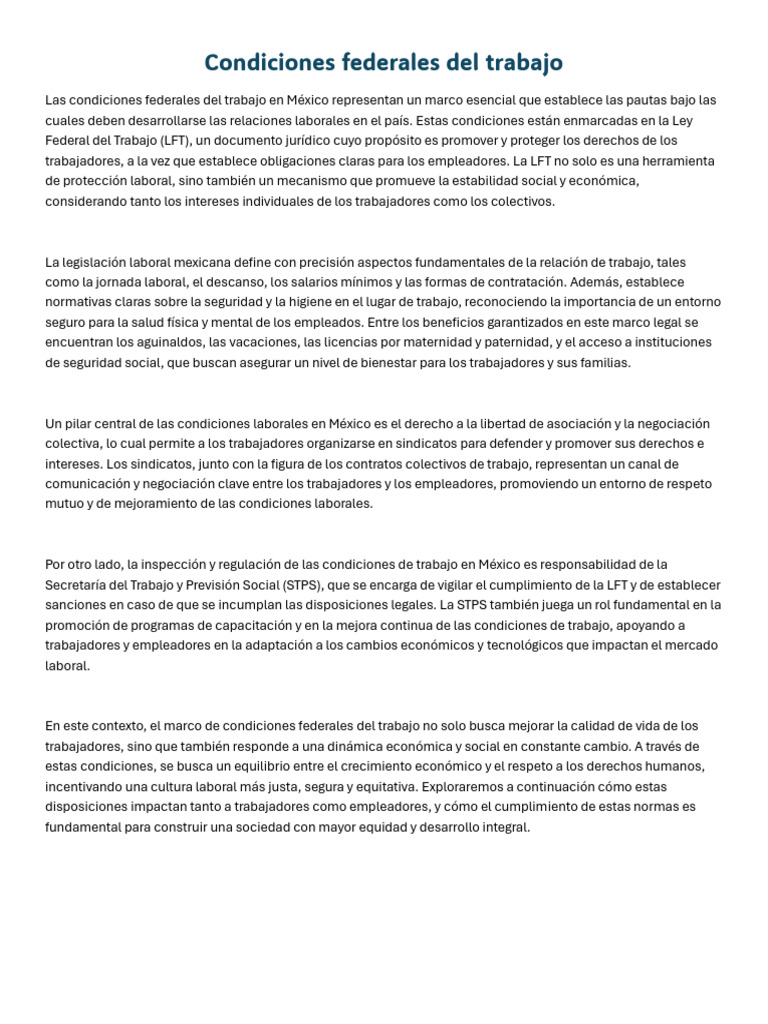 Condiciones Federales Del Trabajo | PDF | Derecho laboral | Salario