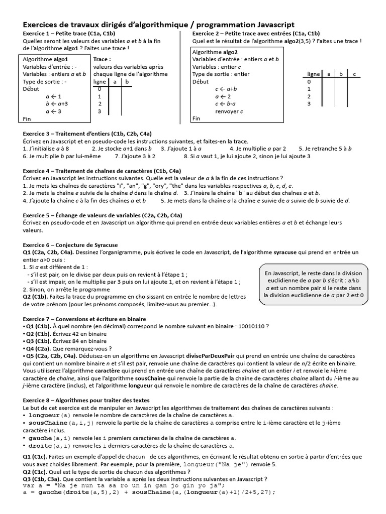 Exercices de programmation Javascript | PDF | Booléen | JavaScript