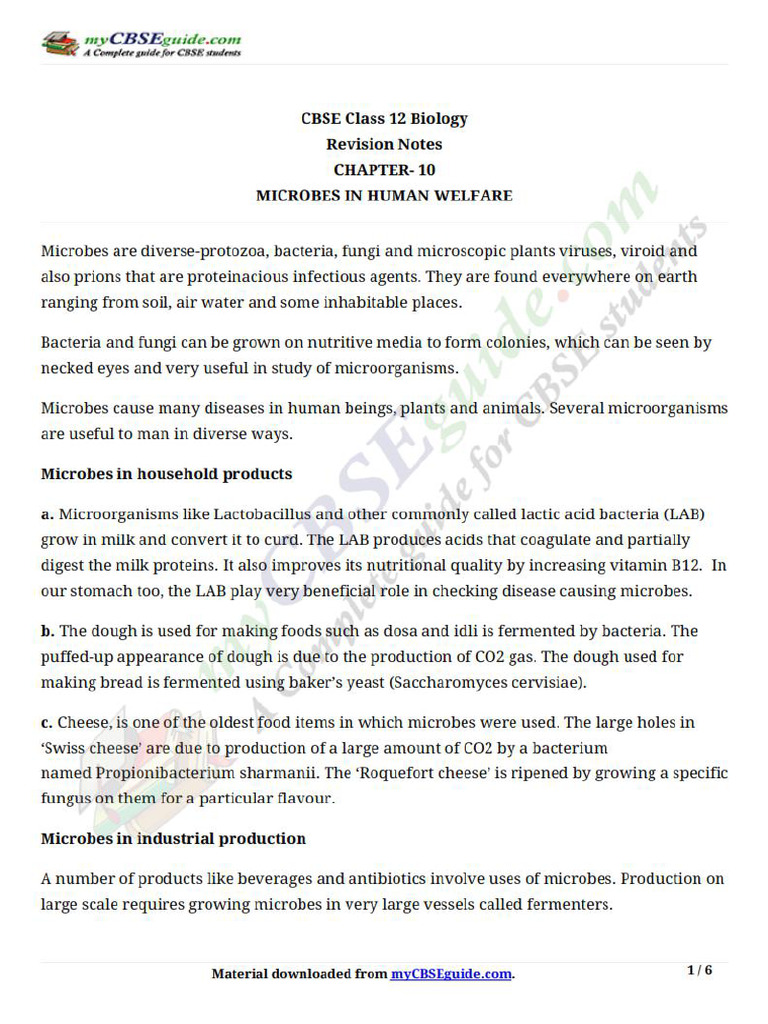 12 Biology Notes Ch10 Microbes in Human Welfare | PDF