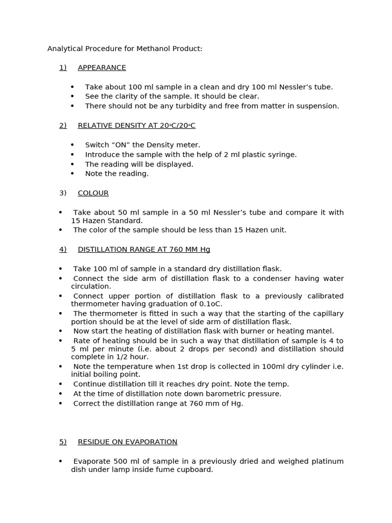 Methanol Analysis Procedure | PDF | Distillation | Thermometer