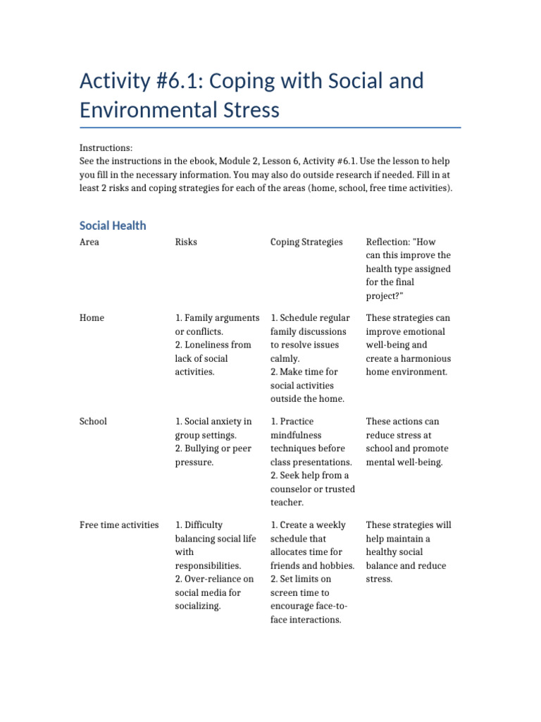 Activity 6.1 Coping With Social and Environmental Stress | PDF | Stress ...