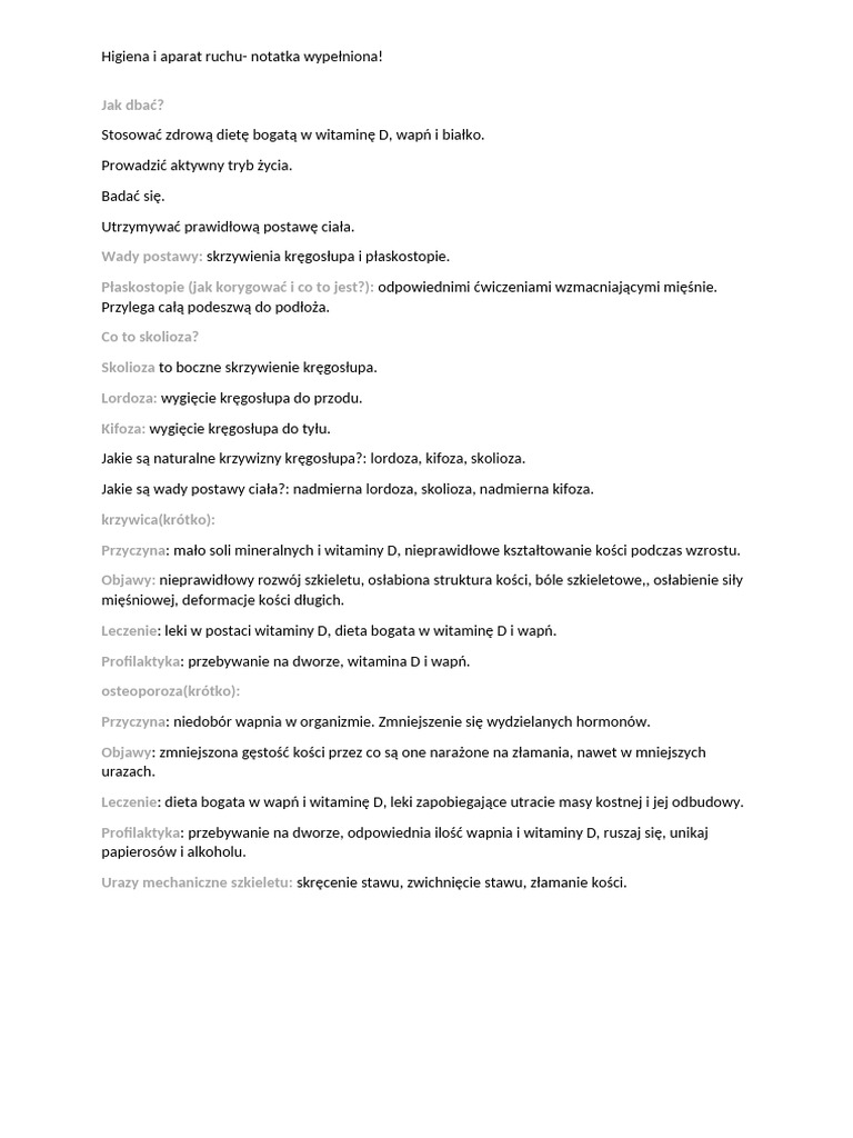 Higiena I Aparat Ruchu-Uzupełniona Notatka | PDF
