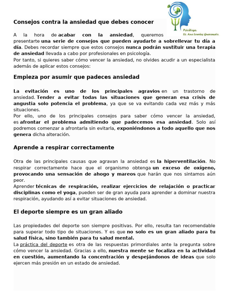 Consejos Contra La Ansiedad Que Debes Conocer | PDF | Ansiedad | Atención