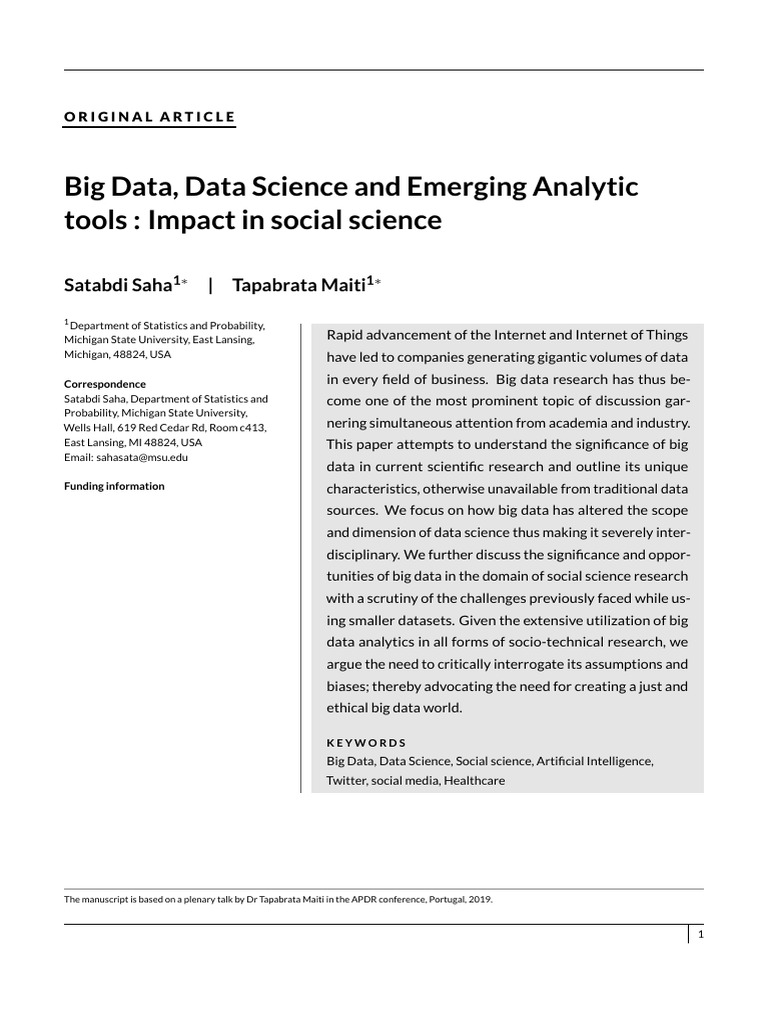 Big Data Data Science and Emerging Analytic Tools Impact in Social ...