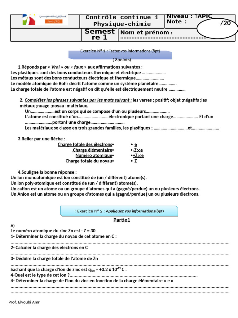 Contrôle de Physique-Chimie 3APIC | PDF | Atomes | Ion