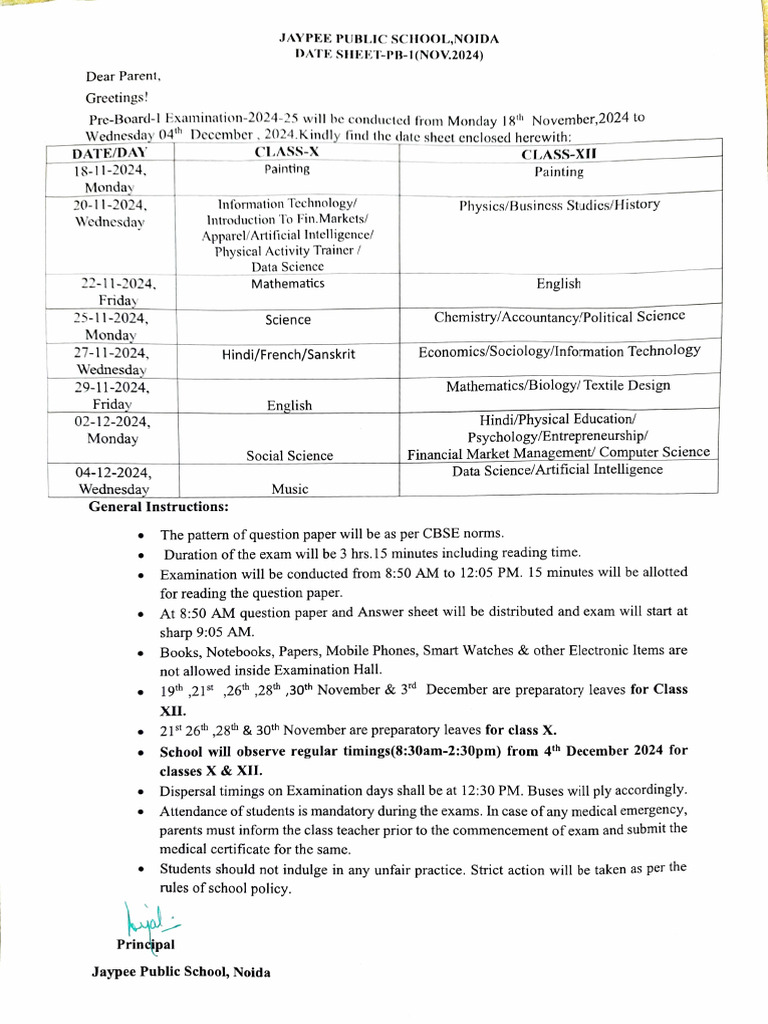 Class X & XII Pre-Board Exam Schedule 2024 | PDF | Science