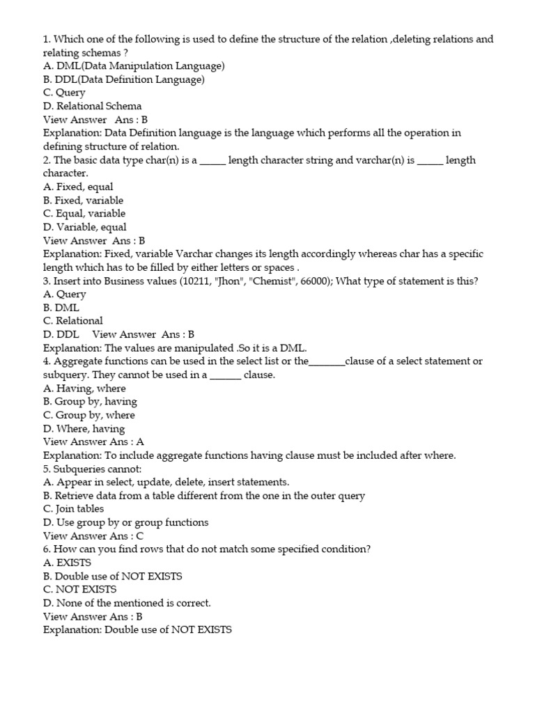 SQL Concepts and Definitions Quiz | PDF | Databases | Relational Database