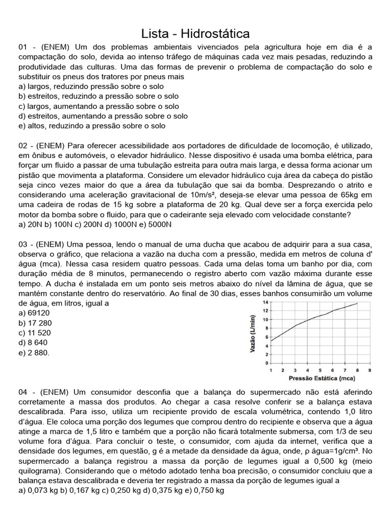Questões e Exercícios de Hidrostática | PDF | Pressão | Bomba