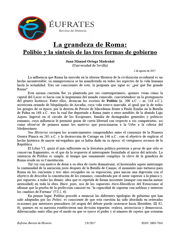 La grandeza de roma polibio y la s ntesis de las tres formas de