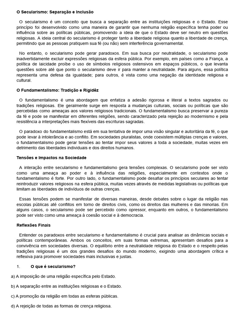 O Secularismo - Separação e Inclusão | PDF | Liberdade de religião | Estado